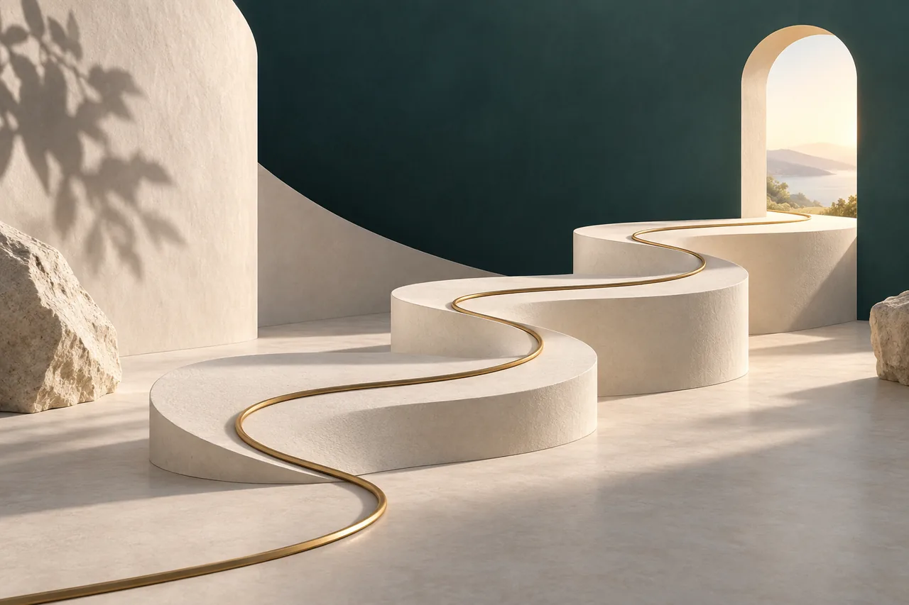 Illustration of a winding path leading towards an open doorway.