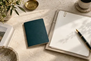 Illustration of a notebook, document folder and pen prepared for a consultation.