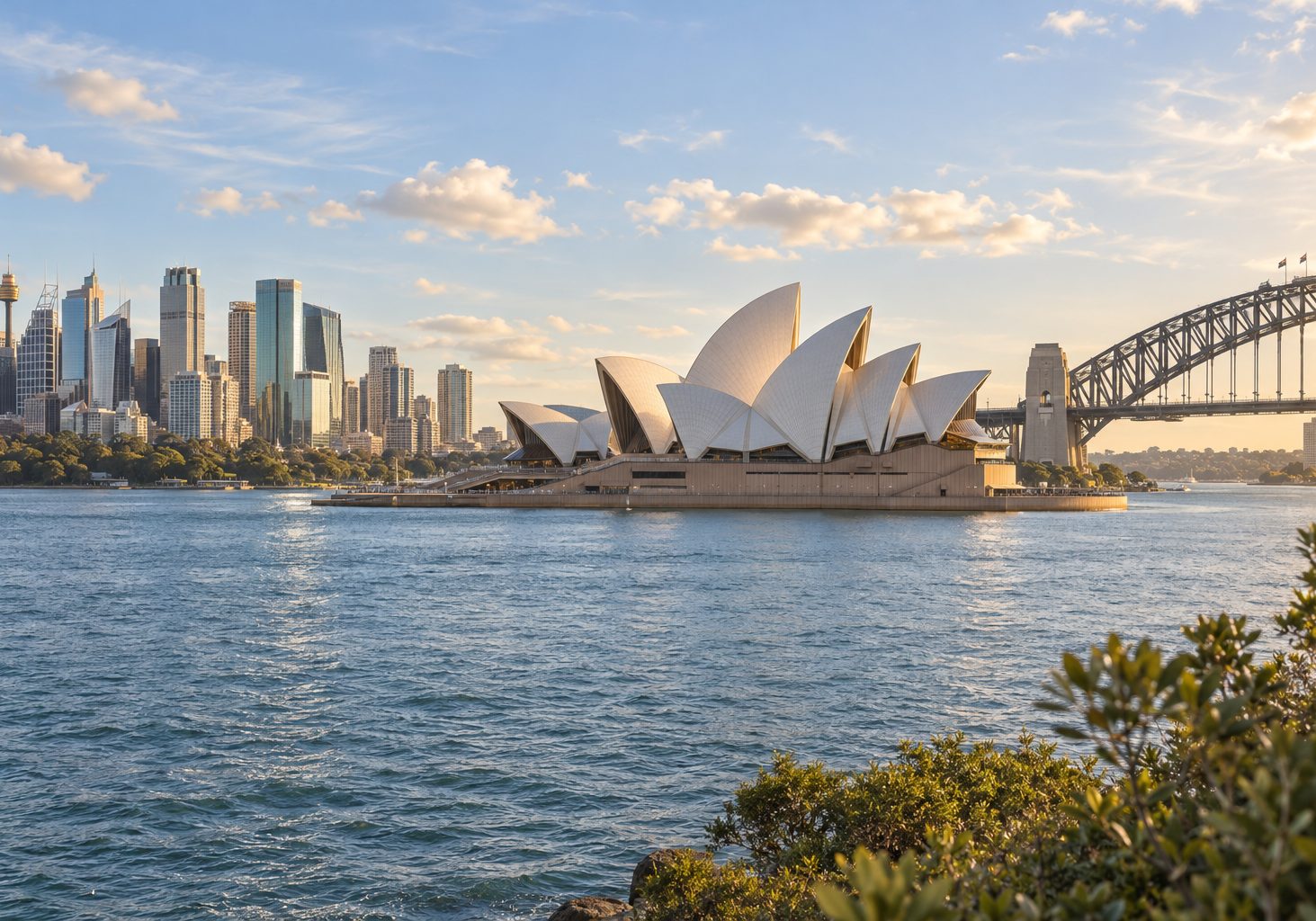 Illustration of Sydney Harbour in late-afternoon light, with the Opera House, the city skyline and the Harbour Bridge.